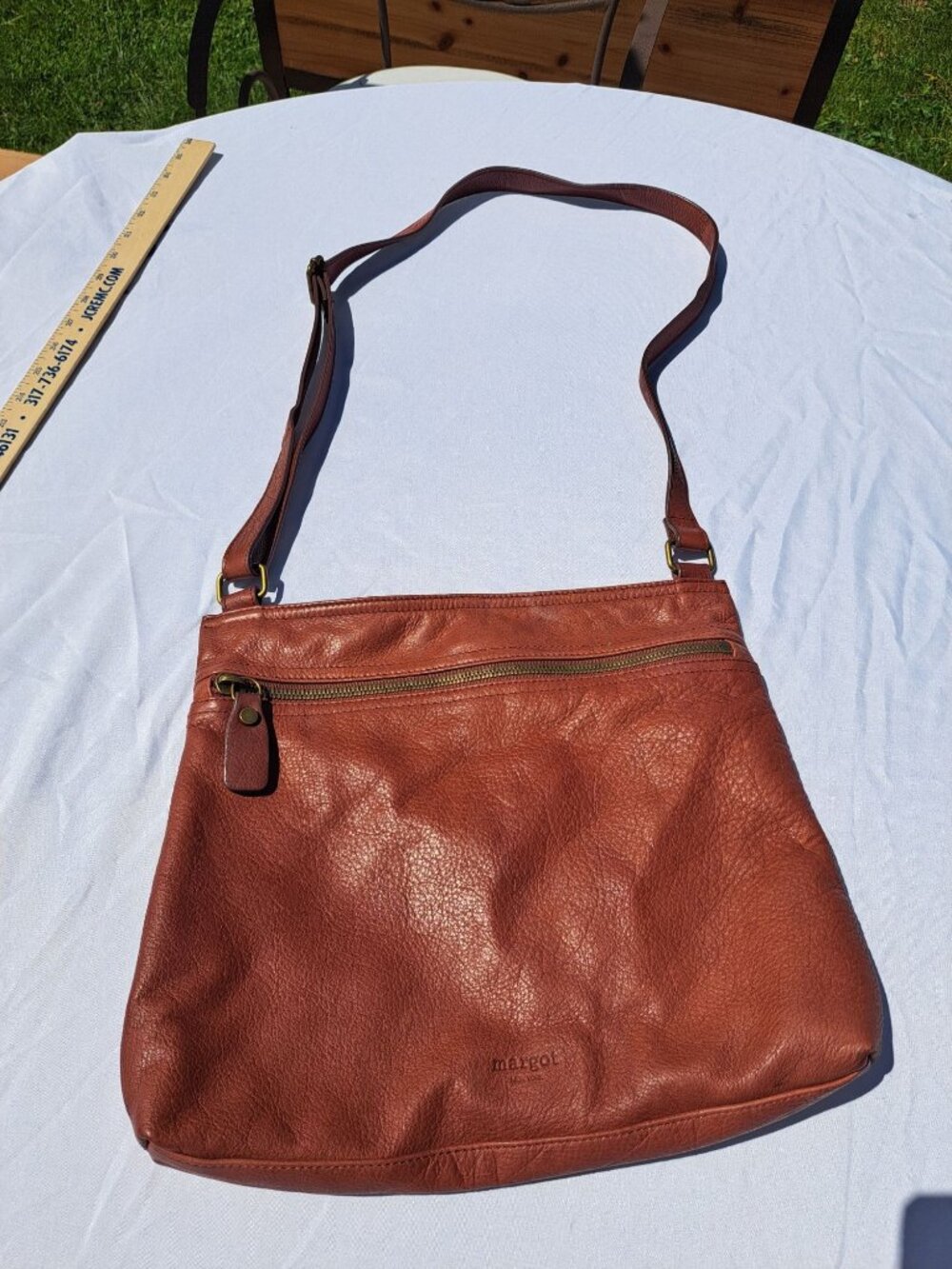 Margot New York Cognac Leather Crossbody Bag Adjustable Zip Pocket Pebbled Purse